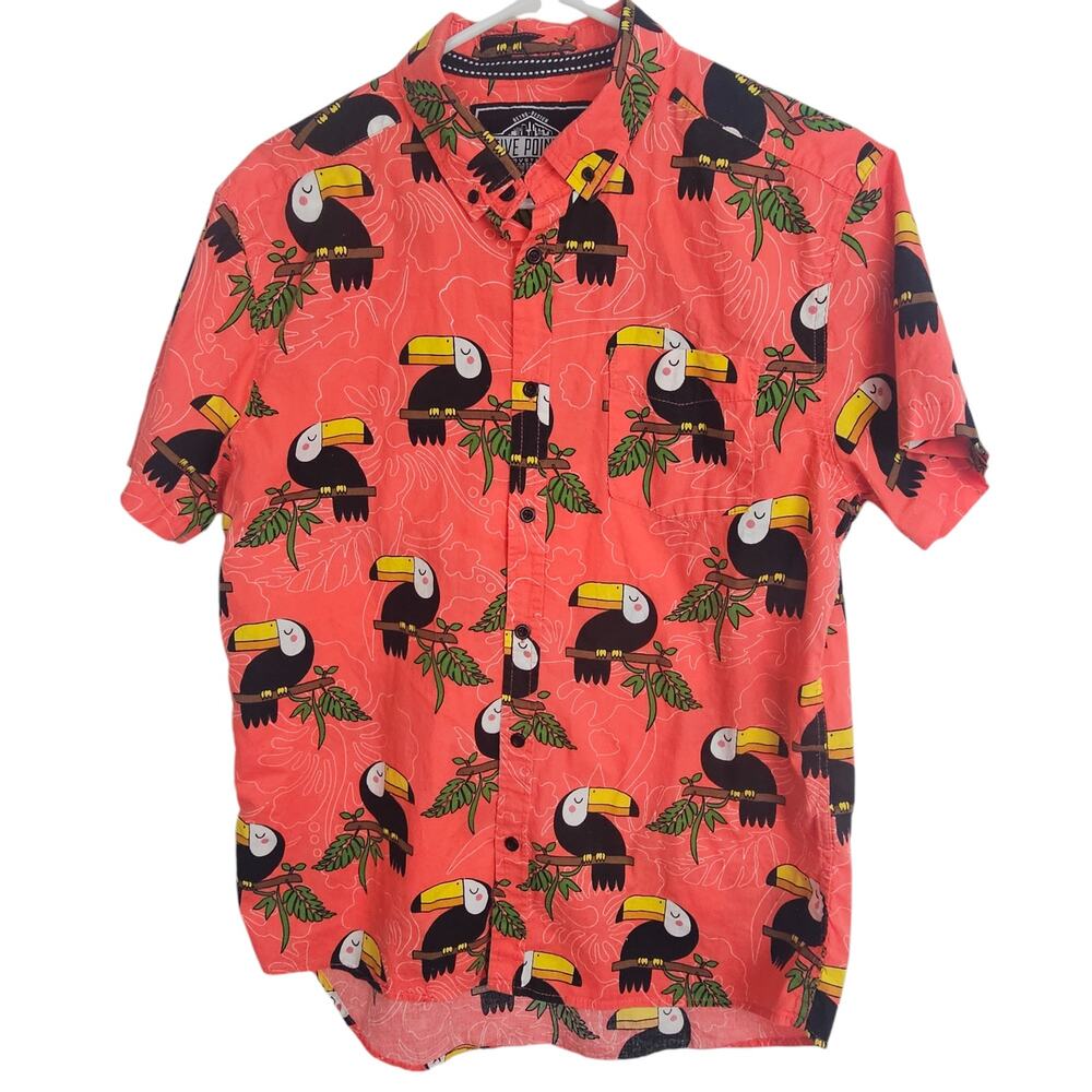 Five Points Shirt Button Down Shirt Men Orange Toucan Print Short Sleeve Shirt